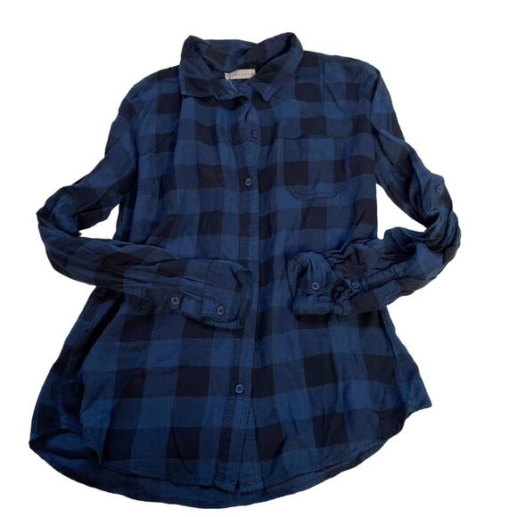 RUSTY 6 Small Blue Black Plaid Button Up Shirt Blouse Lightweight - Picture 1 of 3